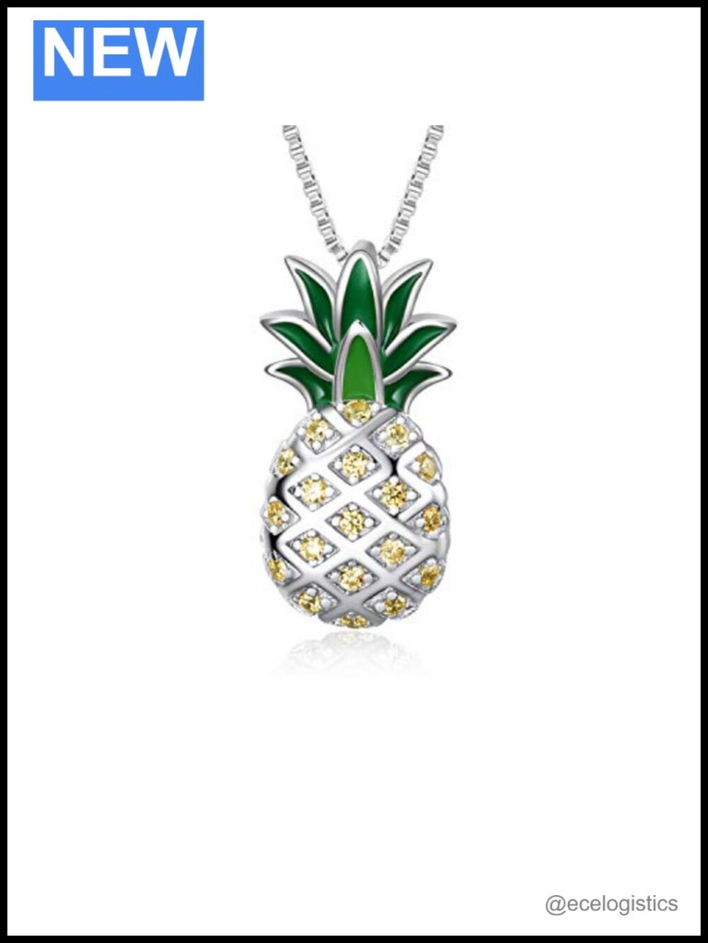 925 Sterling Silver Pineapple Pendant Necklace White Gold Plated 18in Box Chain